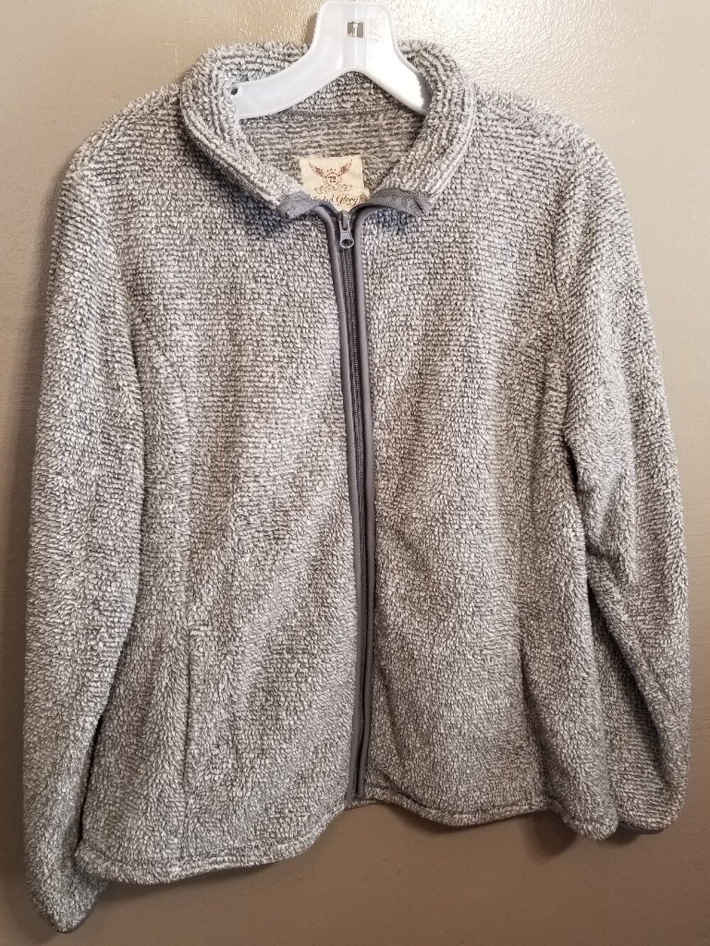 Faded Glory Gray Fuzzy Zip Up Jacket with Pockets, Large 12/14